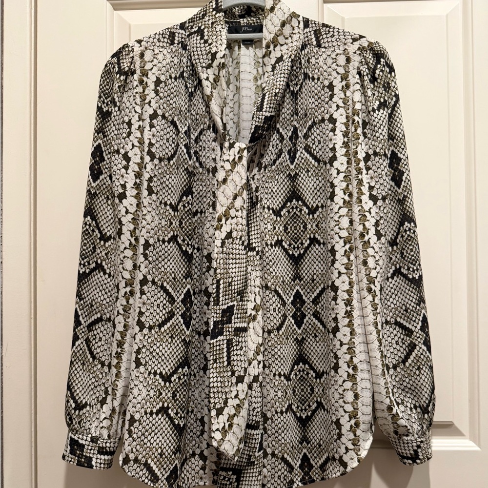 J. Crew Olive & Cream Color Snake Patterned Chiffon Fabric Blouse.